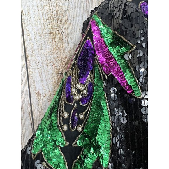Vtg 80s Beaded Sequin Top Sz Small Black Jewel Tones S Mob Wife Festive Glam - Picture 7 of 9